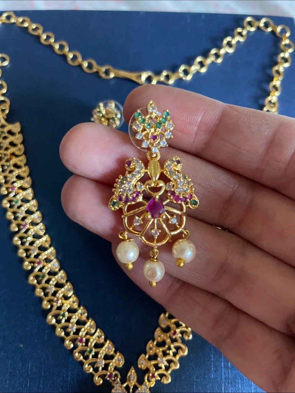 Gold Filigree Pendant Necklace and Earring Set with Pink & Green Accents